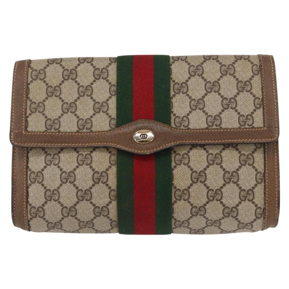 GUCCI GG Supreme Web Sherry Line Clutch Bag PVC Beige Gold 89 01 006 Auth 155387 - Picture 13 of 16